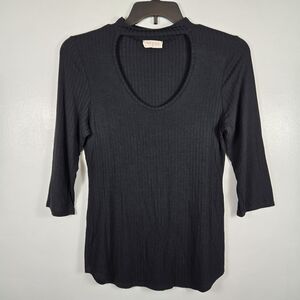 Rainbows & Cupcakes Black Ribbed High Cut Out Neckline 3/4 Sleeve Top Size XL